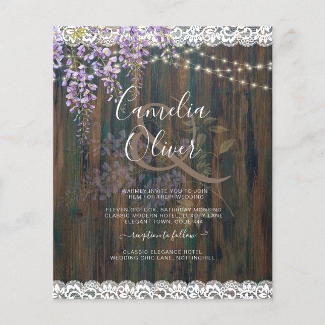 LeahG Rustic WISTERIA Lace Floral Wedding INVITE Flyer (Front)