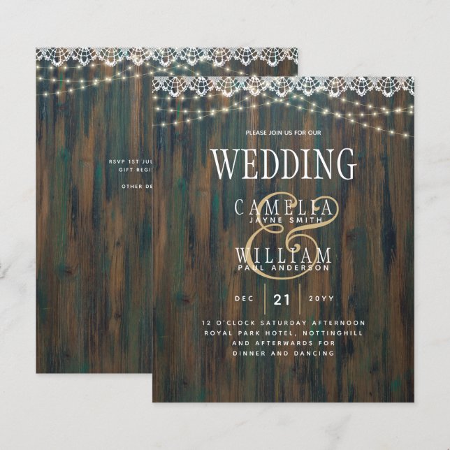 LeahG Rustic Wood Lace Lights Wedding Invite (Front/Back)