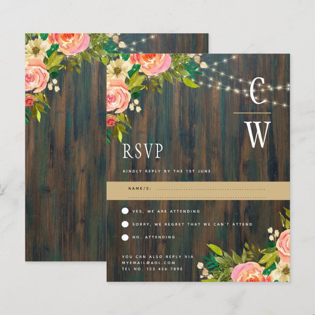 LeahG Rustic Wood Peach Coral Floral Wedding (Front/Back)