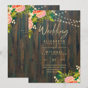 LeahG Rustic Wood Peach Coral Floral Wedding Invitation