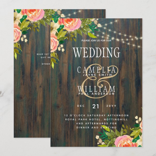 LeahG Rustic Wood Peach Coral Floral Wedding Invitation (Front/Back)