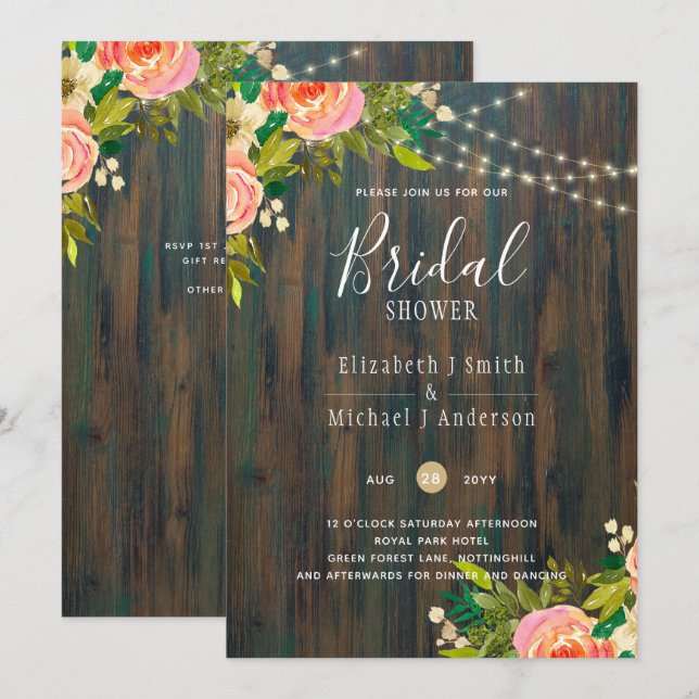 LeahG Rustic Wood Peach Coral Floral Wedding Invitation (Front/Back)