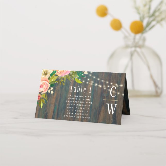 LeahG Rustic Wood Peach Coral Floral Wedding Place Card (Front)