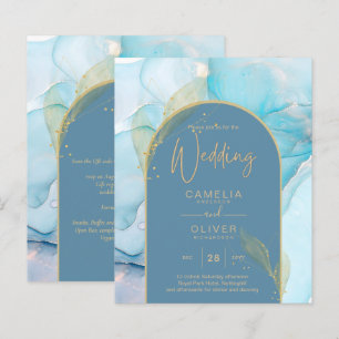 LeahG Sea Glass Gold Ink Aqua Blue Wedding INVITE