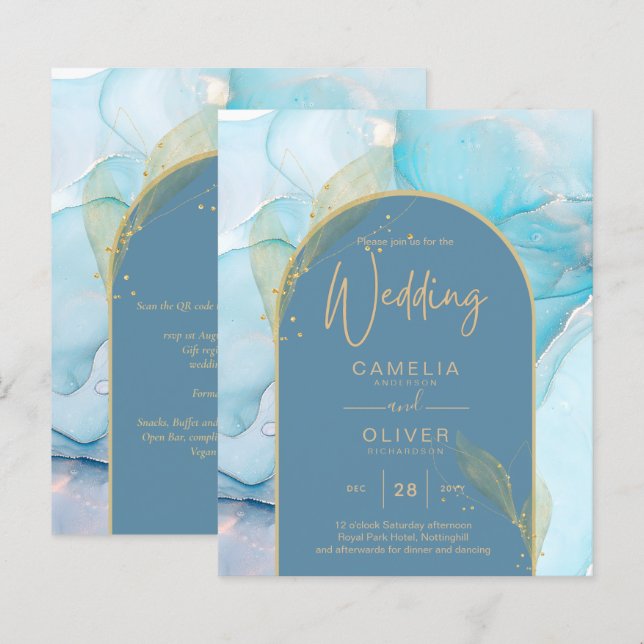 LeahG Sea Glass Gold Ink Aqua Blue Wedding INVITE (Front/Back)