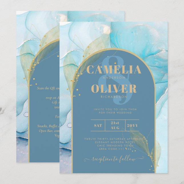 LeahG Sea Glass Gold Ink Aqua Blue Wedding INVITE (Front/Back)
