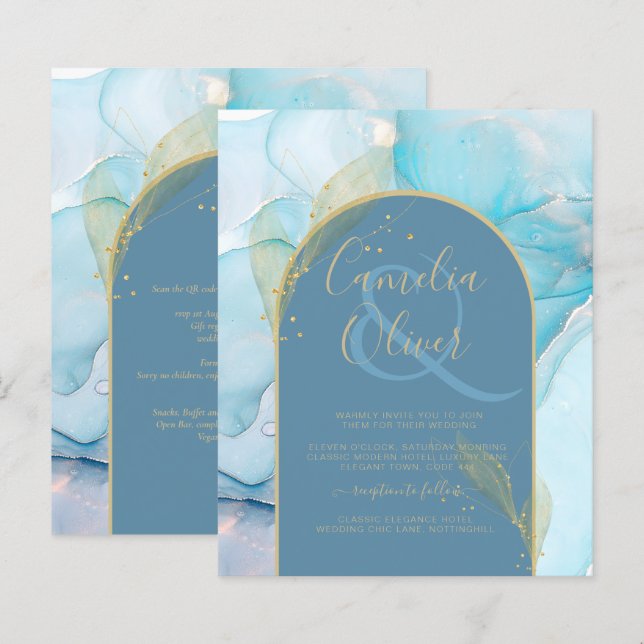 LeahG Sea Glass Gold Ink Aqua Blue Wedding INVITE (Front/Back)
