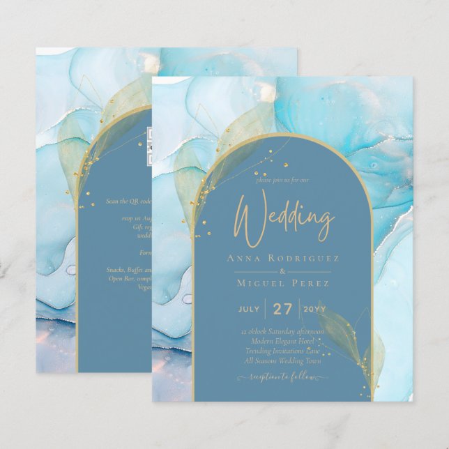 LeahG Sea Glass Gold Ink Aqua Blue Wedding INVITE (Front/Back)