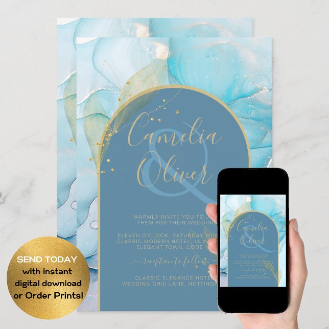 LeahG Sea Glass Gold Ink Aqua Blue Wedding INVITE (Creator Uploaded)