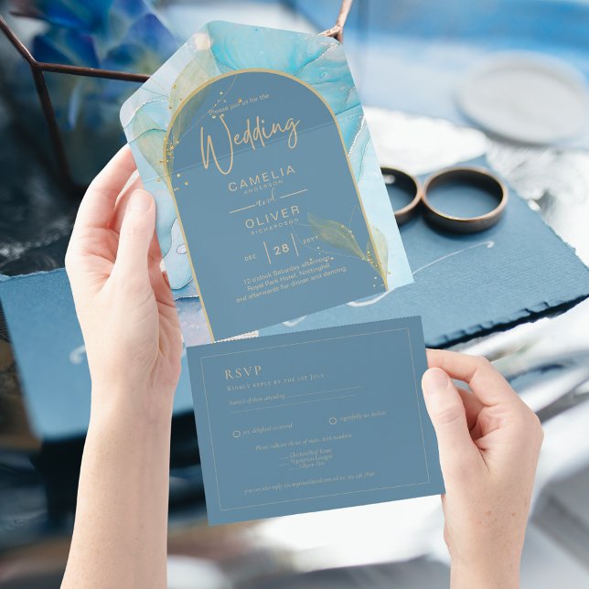 LeahG Sea Glass Gold Ink Aqua Blue Wedding INVITE (Creator Uploaded)