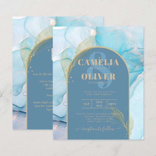LeahG Sea Glass Gold Ink Aqua Blue Wedding INVITE (Front/Back)