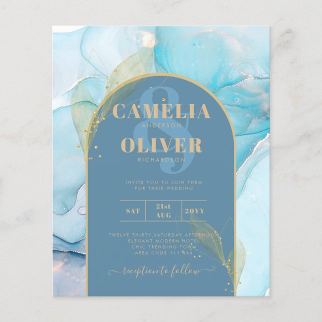 LeahG Sea Glass Gold Ink Aqua Blue Wedding INVITE Flyer (Front)