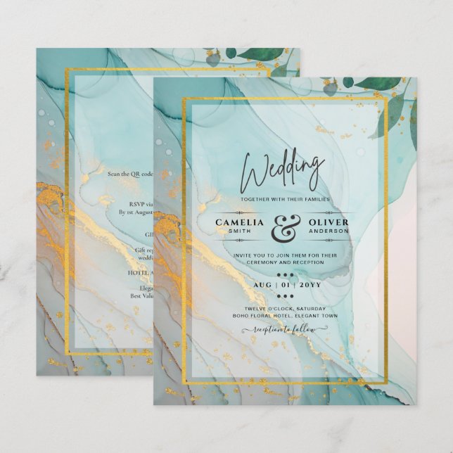 LeahG Sea Glass Teal Gold INK Wedding INVITE (Front/Back)