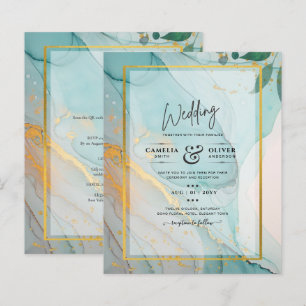 LeahG Sea Glass Teal Gold INK Wedding INVITE