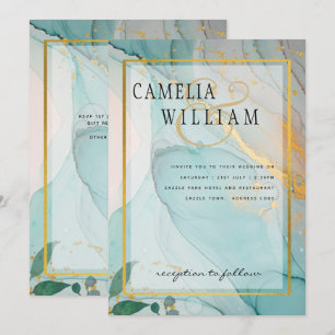 LeahG Sea Glass Teal Gold INK Wedding INVITE