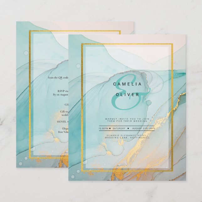 LeahG Sea Glass Teal Gold INK Wedding INVITE (Front/Back)