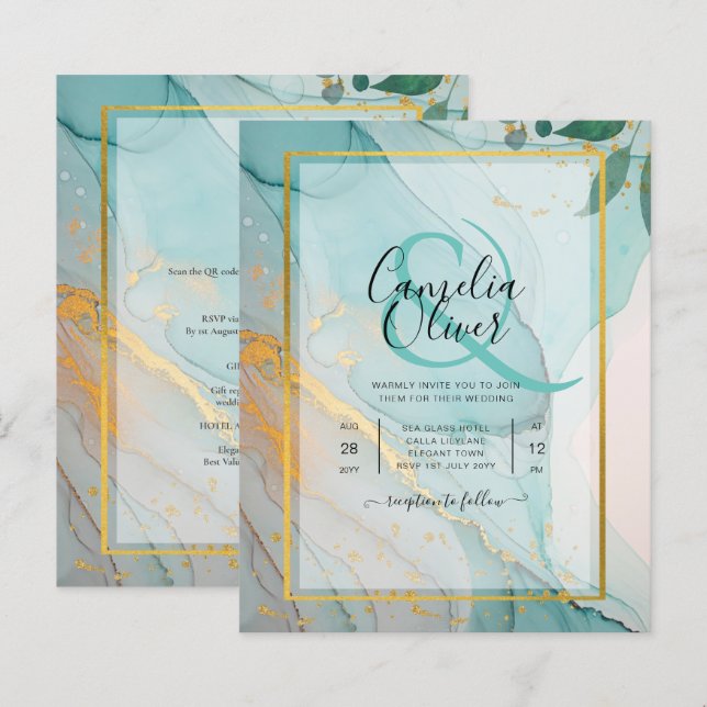 LeahG Sea Glass Teal Gold INK Wedding INVITE (Front/Back)