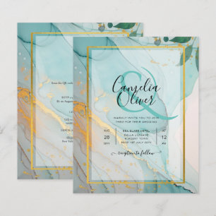 LeahG Sea Glass Teal Gold INK Wedding INVITE