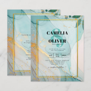 LeahG Sea Glass Teal Gold INK Wedding INVITE