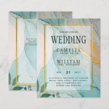 LeahG Sea Glass Teal Gold INK Wedding INVITE