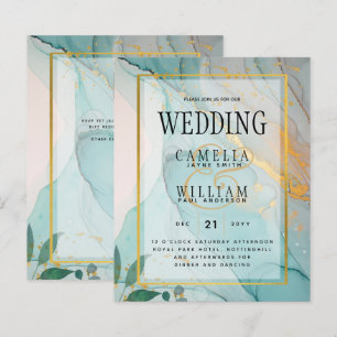 LeahG Sea Glass Teal Gold INK Wedding INVITE