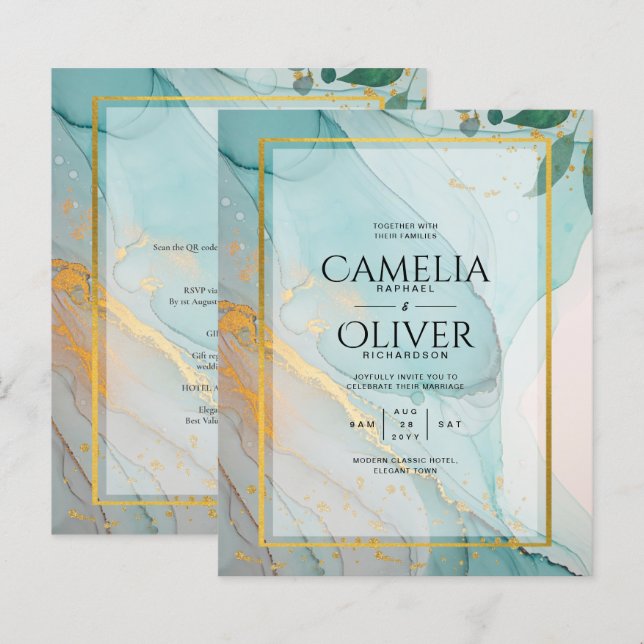 LeahG Sea Glass Teal Gold INK Wedding INVITE (Front/Back)