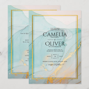 LeahG Sea Glass Teal Gold INK Wedding INVITE