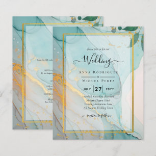 LeahG Sea Glass Teal Gold INK Wedding INVITE