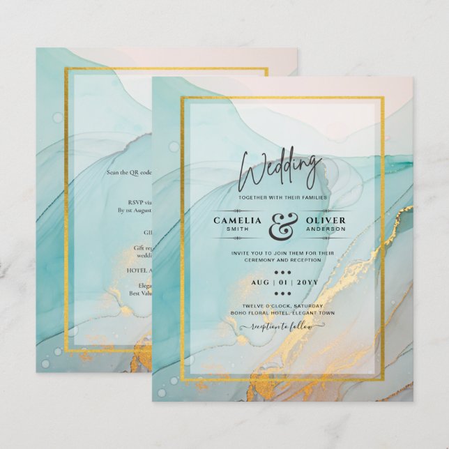 LeahG Sea Glass Teal Gold INK Wedding INVITE (Front/Back)