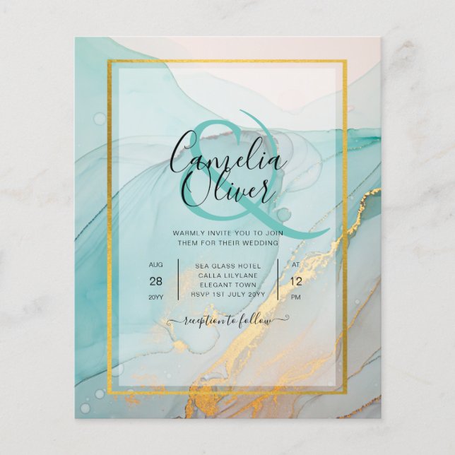 LeahG Sea Glass Teal Gold INK Wedding INVITE Flyer (Front)