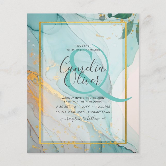 LeahG Sea Glass Teal Gold INK Wedding INVITE Flyer (Front)