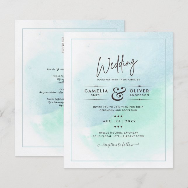 LeahG Sea Glass Turquoise Teal Blue Wedding INVITE (Front/Back)