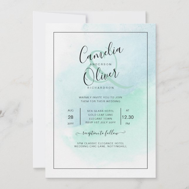 LeahG Sea Glass Turquoise Teal Blue Wedding INVITE (Front)