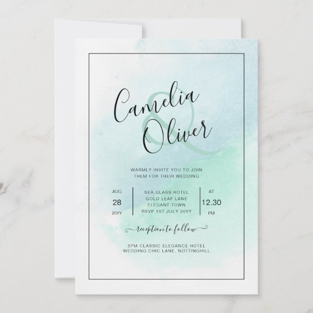 LeahG Sea Glass Turquoise Teal Blue Wedding INVITE (Front)