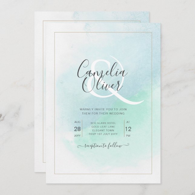 LeahG Sea Glass Turquoise Teal Blue Wedding INVITE (Front/Back)