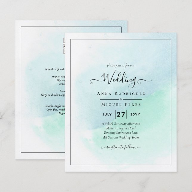 LeahG Sea Glass Turquoise Teal Blue Wedding INVITE (Front/Back)