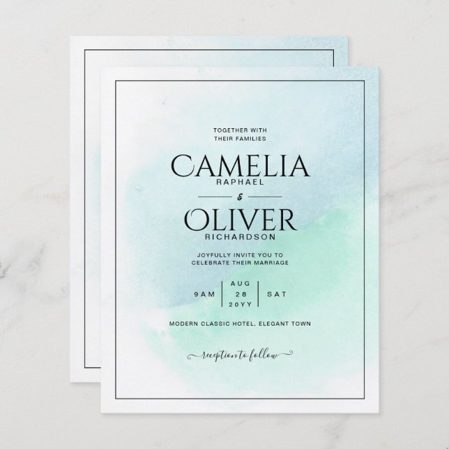 LeahG Sea Glass Turquoise Teal Blue Wedding INVITE (Front/Back)