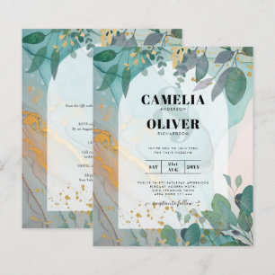 LeahG Seaglass Ink Teal Gold Greenery Wedding Inv