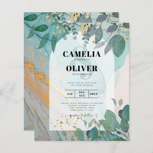 LeahG Seaglass Ink Teal Gold Greenery Wedding Inv (Front/Back)