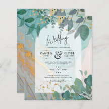 LeahG Seaglass Ink Teal Gold Greenery Wedding Inv