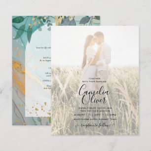 LeahG Seaglass Ink Teal Gold Greenery Wedding Inv
