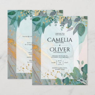 LeahG Seaglass Ink Teal Gold Greenery Wedding Inv