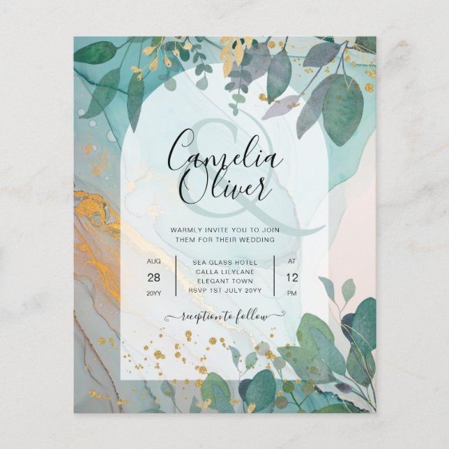 LeahG Seaglass Ink Teal Gold Greenery Wedding Inv Flyer (Front)