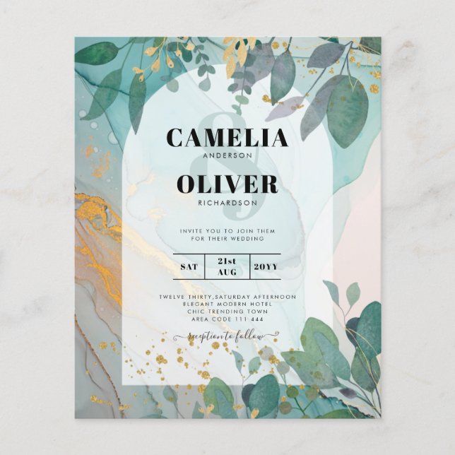 LeahG Seaglass Ink Teal Gold Greenery Wedding Inv Flyer (Front)