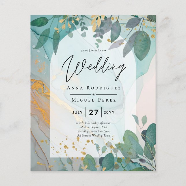 LeahG Seaglass Ink Teal Gold Greenery Wedding Inv Flyer (Front)