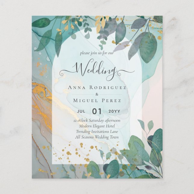 LeahG Seaglass Ink Teal Gold Greenery Wedding Inv Flyer (Front)