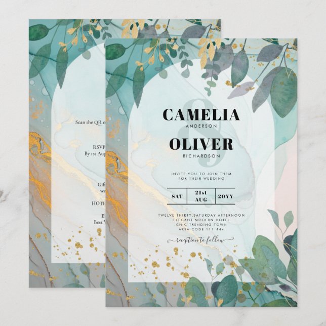 LeahG Seaglass Ink Teal Gold Greenery Wedding Inv Invitation (Front/Back)