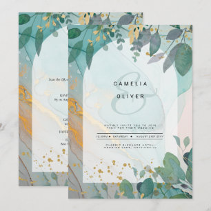 LeahG Seaglass Ink Teal Gold Greenery Wedding Inv Invitation