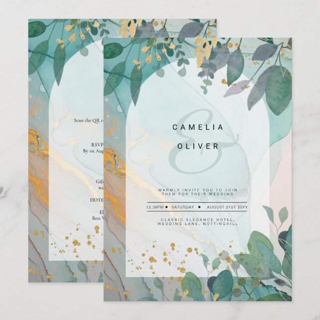 LeahG Seaglass Ink Teal Gold Greenery Wedding Inv Invitation (Front/Back)