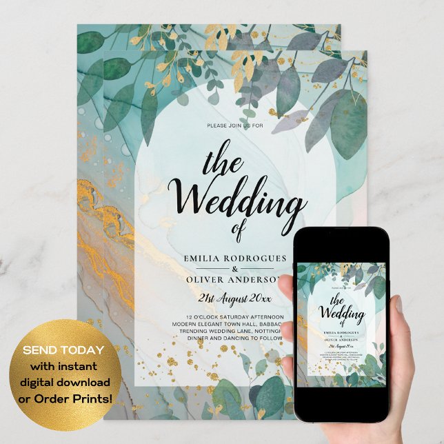 LeahG Seaglass Ink Teal Gold Greenery Wedding Inv Invitation (Creator Uploaded)
